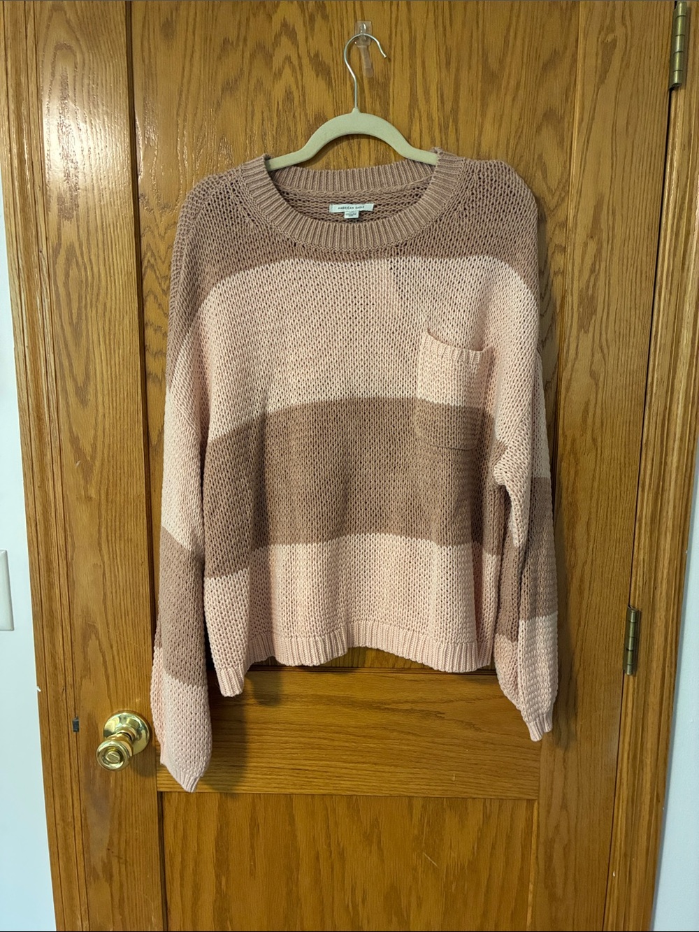 NEW American Eagle Medium Cozy Striped Crewneck Sweater - Baby Pink and Mauve - Picture 1 of 7